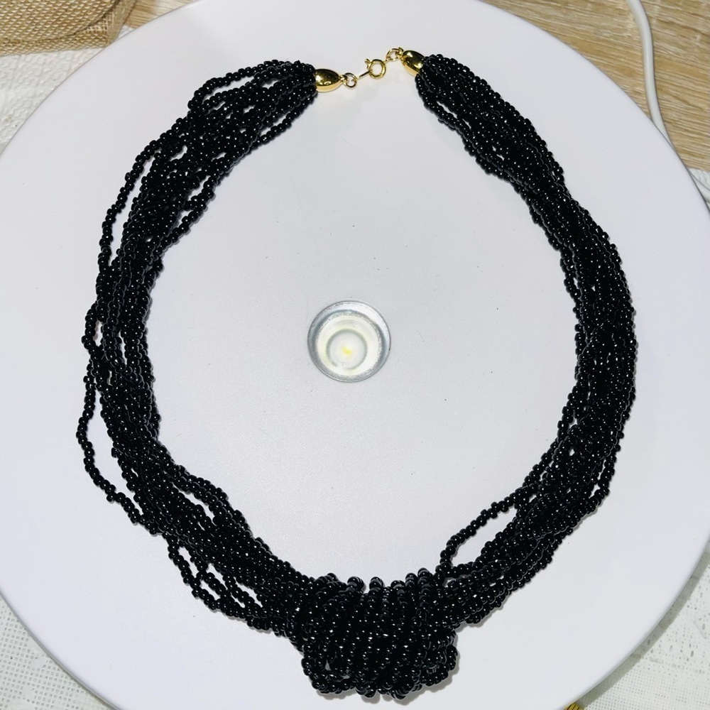 Vintage Trifari Multi-Strand Black Seed Bead Necklace, Statement Knotted Design - Picture 4 of 8